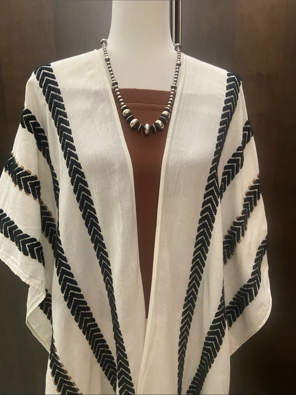 White and Black Striped Open-Front Kimono Wrap, Universal Thread.
